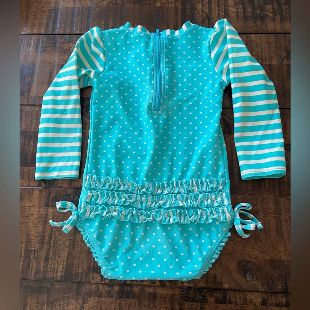 Ruffle Butts Aqua Heart Polka Dot One Piece Rash Guard Swimsuit size 3T